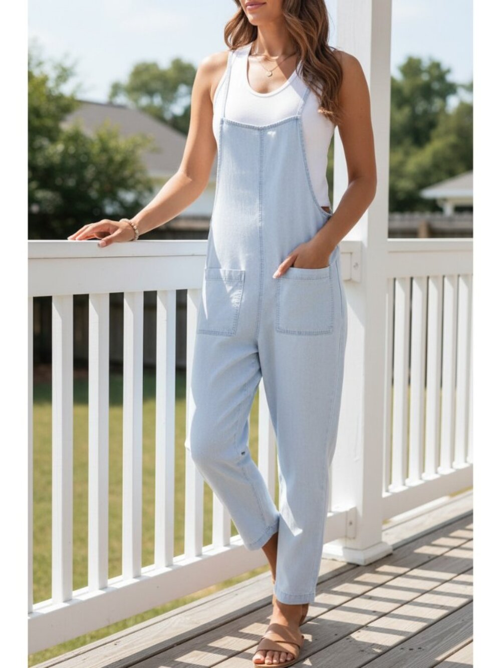 Patch Pocket Spaghetti Strap Straight Leg Pants One-Piece Jumpsuit Denim Overall